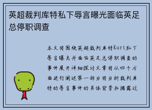 英超裁判库特私下辱言曝光面临英足总停职调查