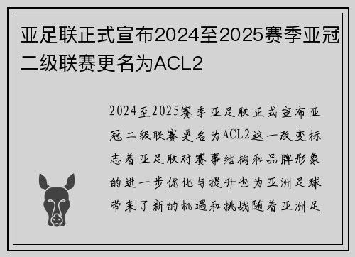 亚足联正式宣布2024至2025赛季亚冠二级联赛更名为ACL2